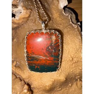 Necklace, Bloodstone and Sterling Silver Pendant, NEW, Handmade, Artisan, Unique
